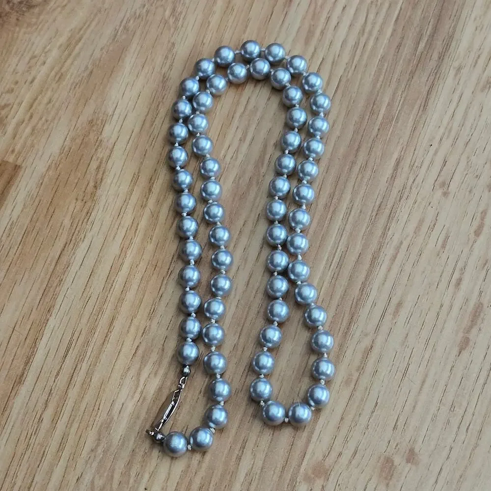 Vintage Gray Faux Pearl Strand Necklace Graduated Knotted 24in‎ Fishhook Clasp